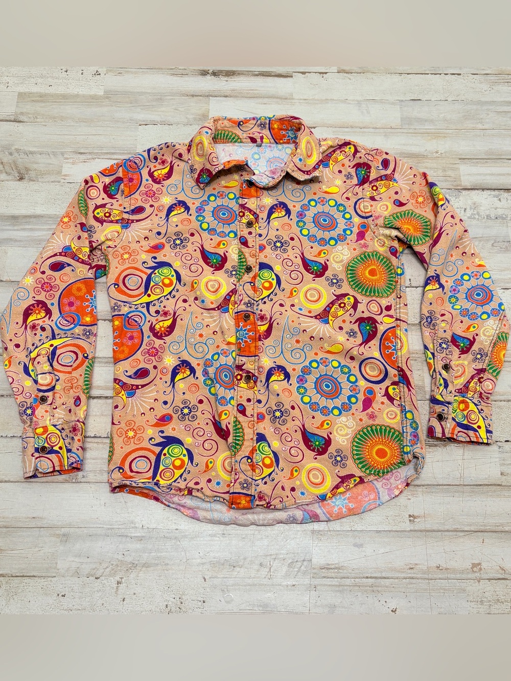 QZH DUAO Linen Blend Shirt Size XS 70s Disco Hippy Trippy Paisley Lightweight